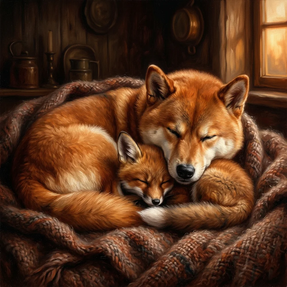 A sleeping red fox kit nestled beside a shiba inu on a warm blanket
