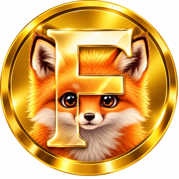 Foxecoin: a golden coin engraved with a red fox and the letter F